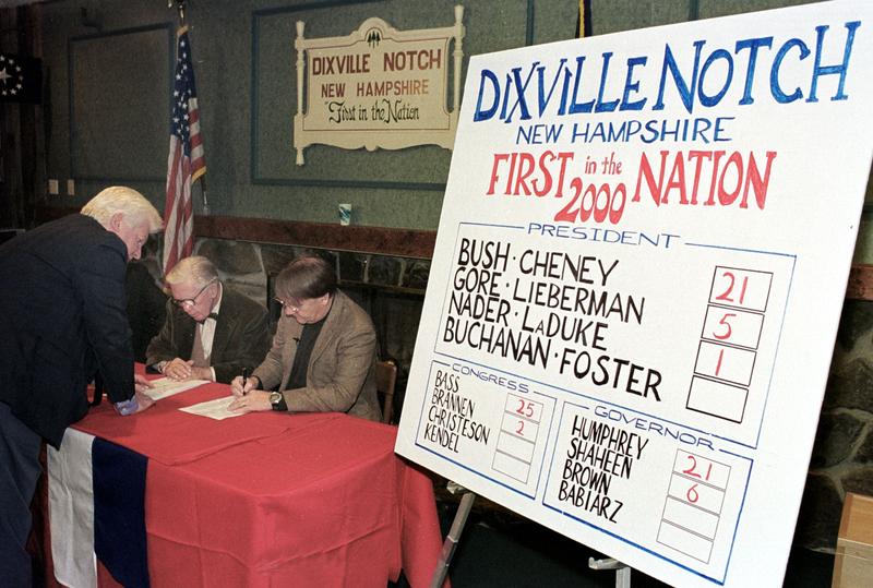 Thomas Tillotson, Neil Tillotson, and Stephen Barba count the results of ballots after voters in Dixville Notch, New Hampshire cast the first ballots in the 2000 US presidential election.